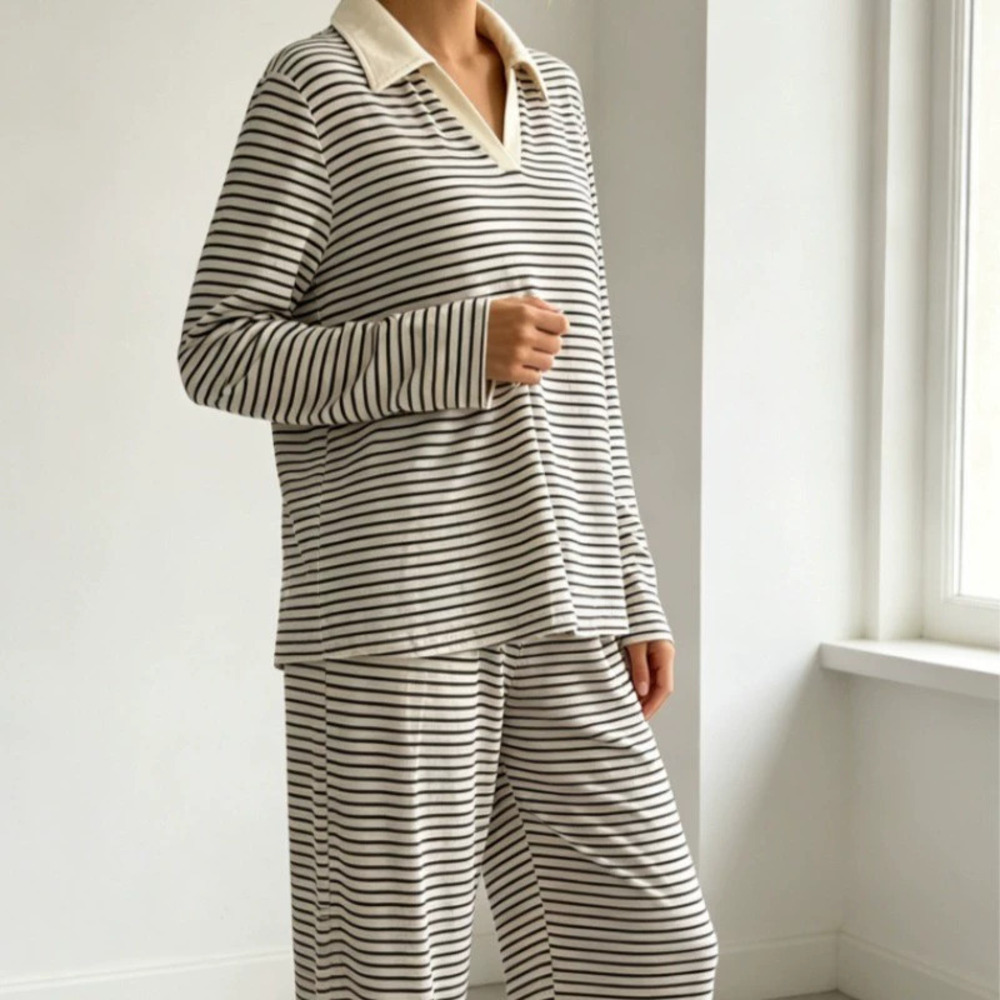 ZARA Spring Autumn Striped Collar Knit Loose Long Sleeve Top Casual Pants Set
